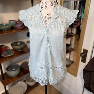 Canyon River Blues Light Blue Cotton Blouse with Lace Trim